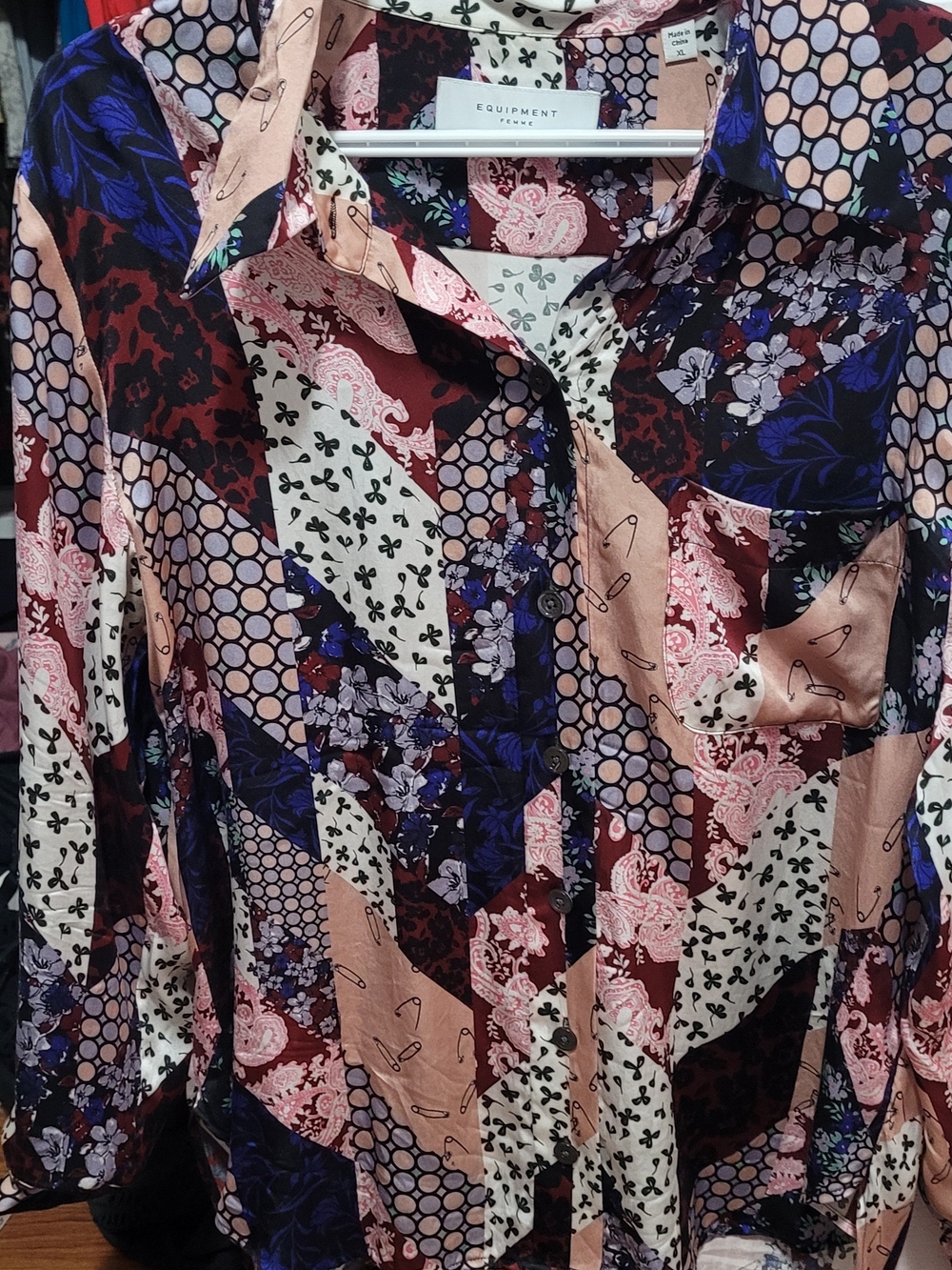 Equipment Multi-Pattern Patchwork Silk Shirt - Pink, Navy, Cream, Burgundy